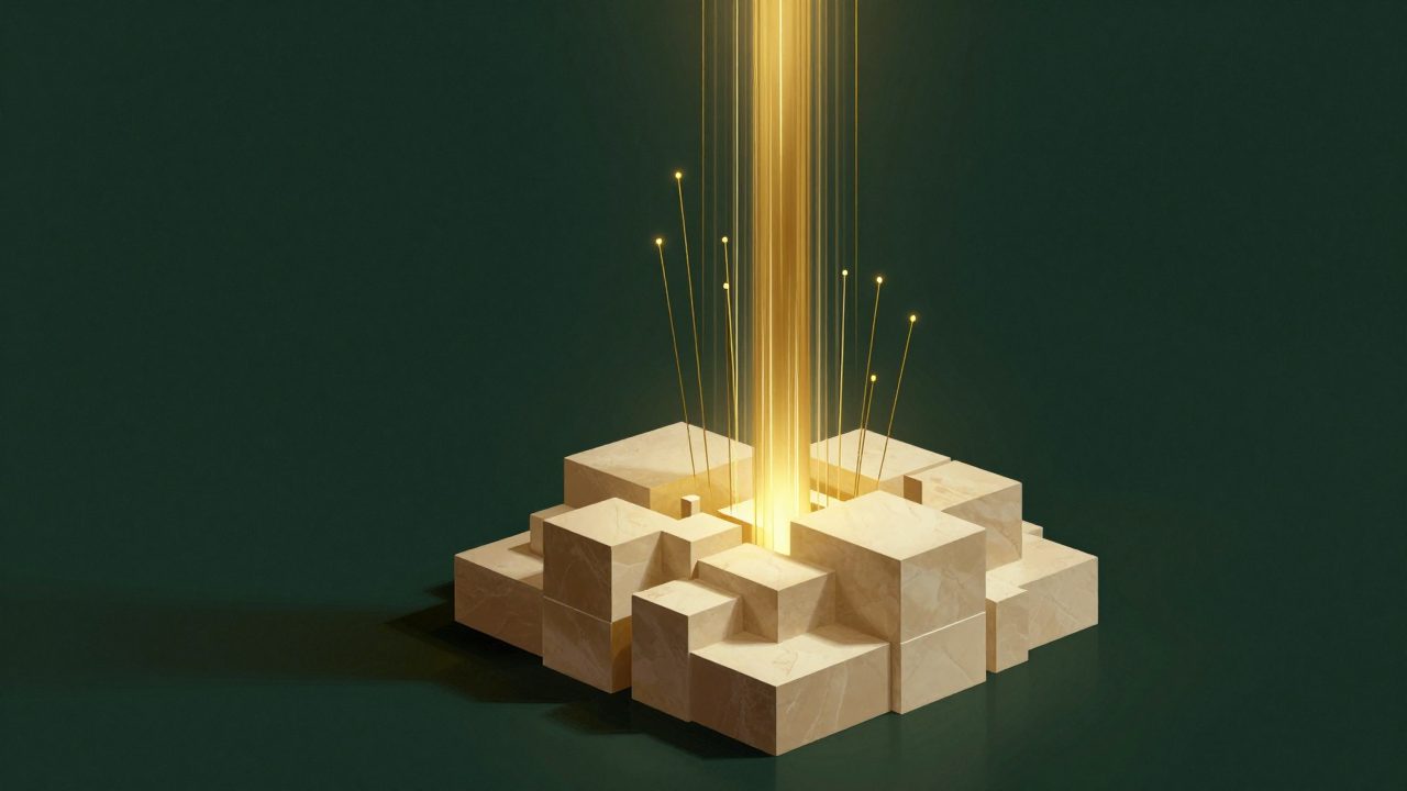 Abstract illustration of a shaft of gold light rising through stacked ivory blocks, representing one building running on one set of records
