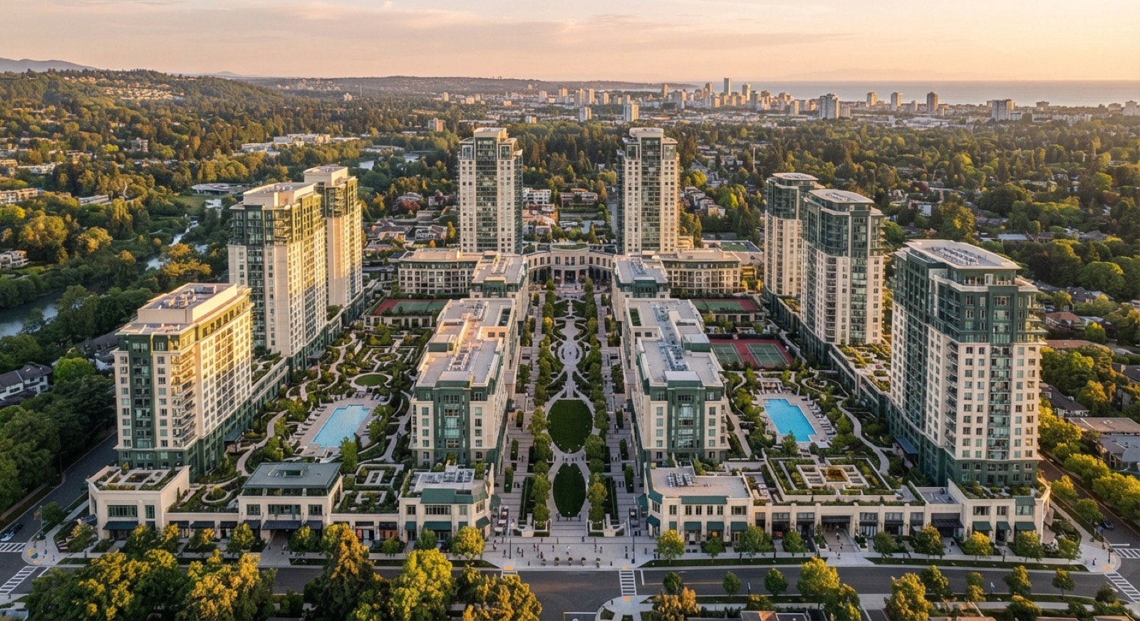 Aerial view of a master-planned mixed-use residential development at golden hour with ordered courtyards and towers